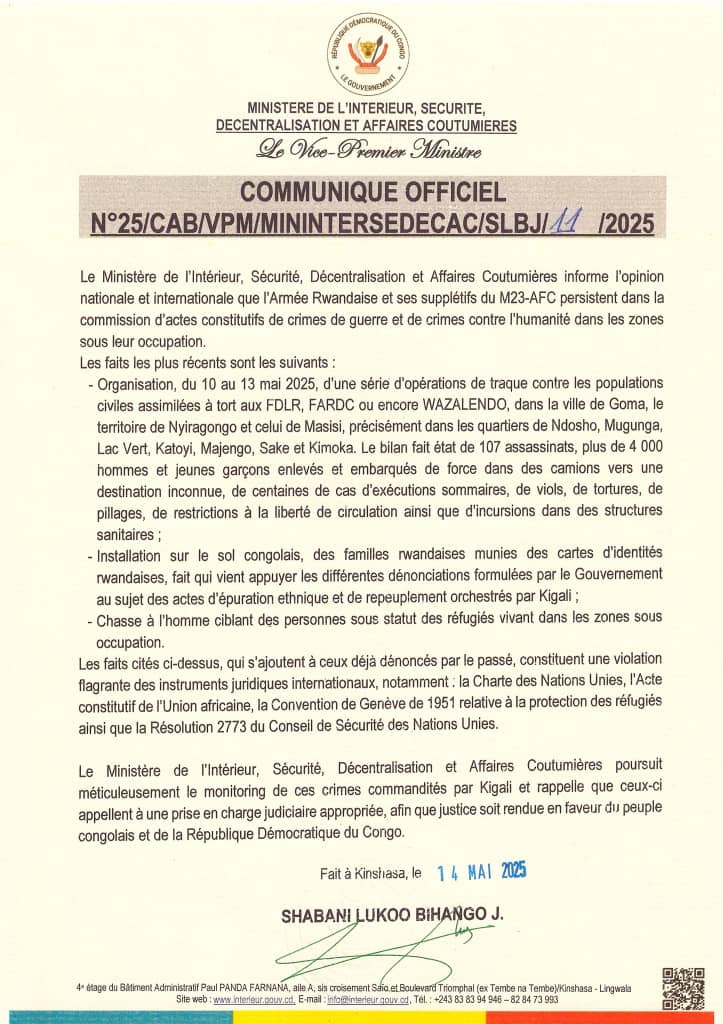 AGRESSION RWANDAISE: 107 MORTS ET 4000 ENLEVES, KINSHASA ACCUSE KIGALI DE CRIMES CONTRE L'HUMANITÉ